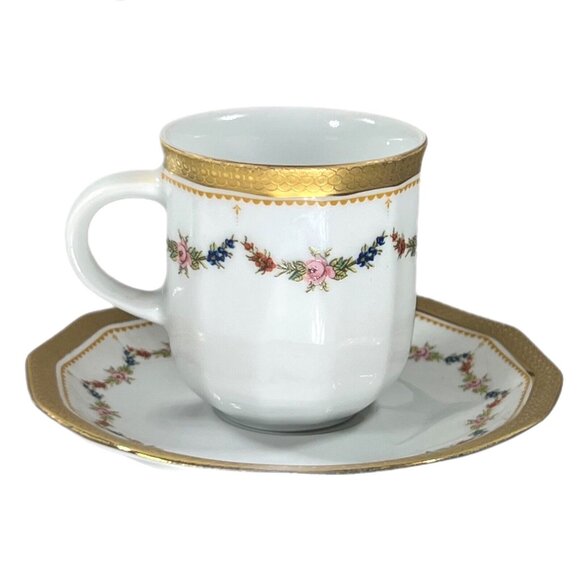 Tirshenreuth Other - Tirschenreuth Bavaria Germany PETITE ROSE Demitasse Cup Saucer Gold Trim Pink